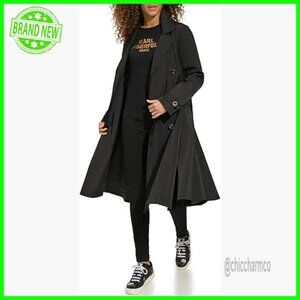 Long Flared Trench Coat with Belt, Notched Collar, Double Breasted